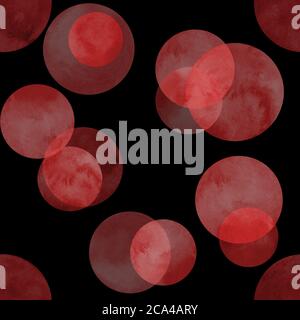 Kreise rot Aquarell nahtlose Muster. Abstrakter Aquarellhintergrund mit farbigen Kreisen auf schwarz. Handgezeichnete runde Textur. Für Texti drucken Stockfoto