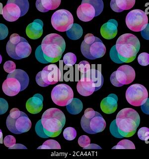 Kreise mehrfarbige Neon Aquarell nahtlose Muster. Abstrakt Aquarell Hintergrund mit bunten Kreisen auf schwarz. Handgezeichnete runde Textur Stockfoto