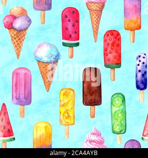 Nahtloses Muster im Retro-Stil. Aquarell handgezeichnete Textur mit mehrfarbigem Eis und Spritzern auf blaublaublauem Aquarellhintergrund. Für Gerinnsel drucken Stockfoto