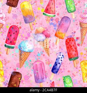 Nahtloses Muster im Retro-Stil. Aquarell handgezeichnete Grunge-Textur mit mehrfarbigem Eis und Spritzern auf rosa Hintergrund. Druck für Stoffdesign, Stockfoto