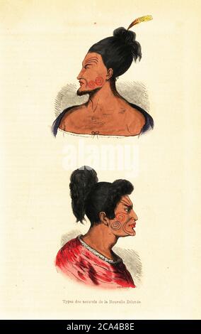 Büsten von Maori-Männern mit Gesichts-Tattoos oder Ta Moko aus Neuseeland. Mann aus Tolaga Bay mit Feder im Haar (oben) und Mann aus Cape Terawhiti (unten). Arten des naturels de la Nouvelle Zelande. Handkolorierter Holzschnitt von Mercier aus Auguste Wahlen's Moeurs, Usages et Costumes de tous les Peuples du Monde, (Manners, Customs and Costumes of all the People of the World) Librairie Historique-Artistique, Brüssel, 1845. Stockfoto