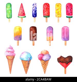 Aquarell-Eis-Set isoliert auf weißem Hintergrund. Aquarell handgezeichnete Sommer Illustration. Kiwi, Wassermelone, Heidelbeere, Zitrusfrüchte, Schokolade, str Stockfoto