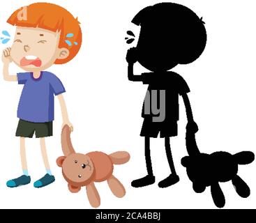 Junge weinend und halten Teddybär mit seiner Silhouette Illustration Stock Vektor