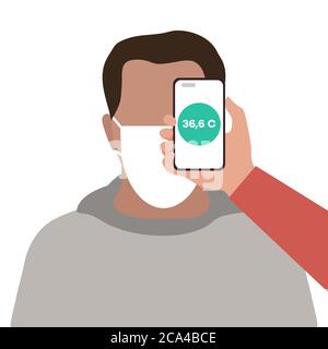 Vektor-Illustration Telefon auf der Stirn der Person platziert fernab misst Temperatur. Neue Technologie. Neue normale. Messung der menschlichen Körpertemperatur Stock Vektor