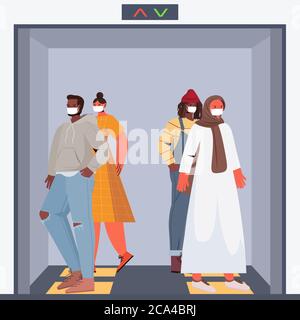 Mix Rasse Menschen tragen Schutzmasken halten Abstand zu Coronavirus soziale Distanzierung Konzept Männer Frauen im Aufzug voller Länge Vektor Illustration stehen zu verhindern Stock Vektor