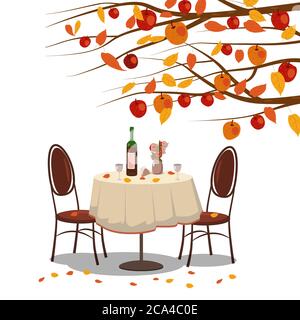 Herbst Cafe Tisch mit Wein für zwei Personen Herbst Zweige der fallenden Blätter Laub, Stühle Blumen in Park romantische Stimmung. Isolierte Abbildung Stock Vektor