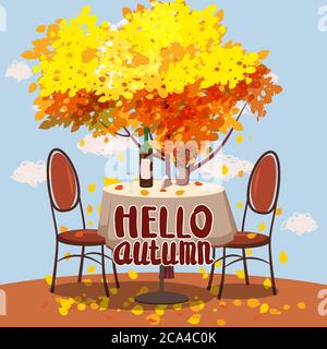 Hallo Herbst Cafe Tisch mit Wein für zwei Personen Herbst Zweige der fallenden Blätter Laub, Stühle Blumen in Park romantische Stimmung. Isoliert Stock Vektor