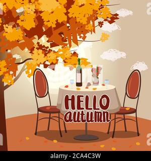 Hallo Herbst Cafe Tisch mit Wein für zwei Personen Herbst Zweige der fallenden Blätter Laub, Stühle Blumen in Park romantische Stimmung. Isoliert Stock Vektor