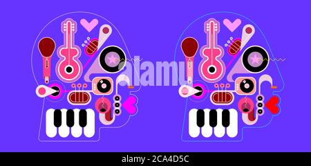 Zwei Optionen eines menschlichen Kopf Form Design bestehend aus einer verschiedenen Musikinstrumente Vektor-Illustration. Eine Musik, die in einem Kopf spielt. Stock Vektor