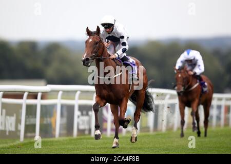 Noorban wird von Jockey Daniel Tudhope auf dem Weg zum Gewinn der Tickton Maiden Auction Stakes auf der Beverley Racecourse, East Riding of Yorkshire, geritten. Stockfoto