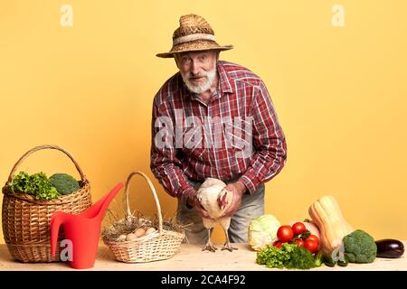 Freundlicher alter Mann in Strohhut, kam vom Bauernmarkt, wo er viel frisches Bio-Bio-Gemüse, Korb mit Eiern und legen han gekauft hat, schaut hinein Stockfoto