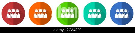 Bildung Icon Set, Educate, Absolvent, Gruppe von Studenten, rot, blau, grün und orange flaches Design Web-Tasten isoliert auf weißem Hintergrund, Vektor ill Stock Vektor