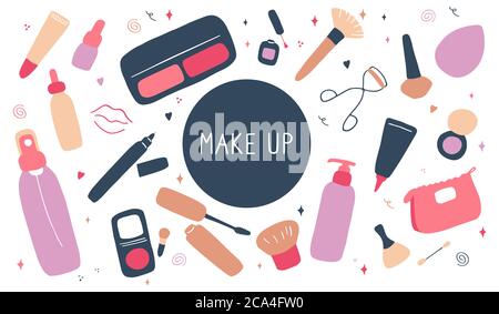 Cute Make-up und Hautpflege-Symbole. Produkte und Accessoires für Schönheit. Einfache Womans Zeichen gesetzt. Visage-Elemente. Handgezeichnete flache Vektorgrafik Stock Vektor