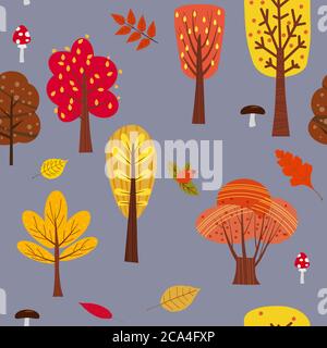 Nahtlose Baummuster Waldwald mit Blättern und Pilzen Illustration in trendigen Cartoon flachen Stil Stock Vektor