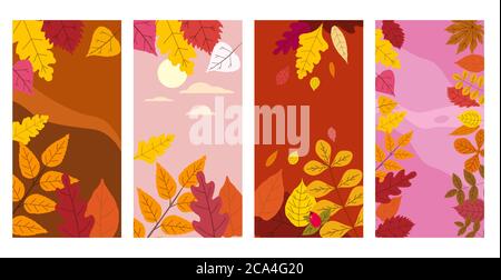 Set bunte Herbst Vorlagen von Herbst fallen Blätter orange gelb Laub. Hintergründe Social Media Geschichten Banner. Vorlage für Veranstaltungseinladung Stock Vektor