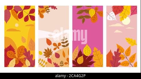 Set bunte Herbst Vorlagen von Herbst fallen Blätter orange gelb Laub. Hintergründe Social Media Geschichten Banner. Vorlage für Veranstaltungseinladung Stock Vektor