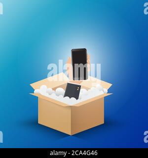 Halten Sie das Smartphone mit der Hand aus der Öffnungsbox. Kreatives und Ideenkonzept. Vektorgrafik Stock Vektor