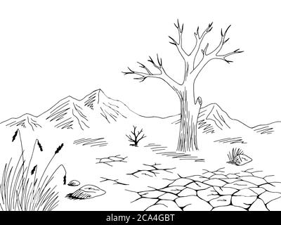Trocken Landschaft Grafik schwarz weiß Wüste Skizze Illustration Vektor Stock Vektor