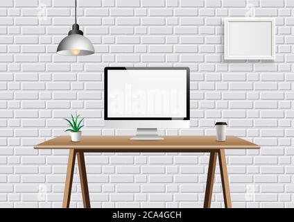 Realistischer Vektor-Büro kreativen Raum mit Display auf Schreibtisch. Mockup Arbeitsplatz Hintergrund mit Frontansicht Computer Desktop und Rahmen an der Wand. Stock Vektor