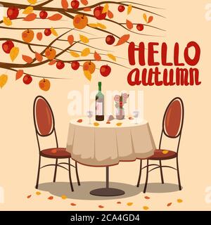 Hallo Herbst Cafe Tisch mit Wein für zwei Personen Herbst Zweige der fallenden Blätter Laub, Stühle Blumen in Park romantische Stimmung. Isoliert Stock Vektor