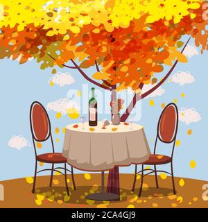 Herbst Cafe Tisch mit Wein für zwei Personen Herbst Zweige der fallenden Blätter Laub, Stühle Blumen in Park romantische Stimmung. Isolierte Abbildung Stock Vektor