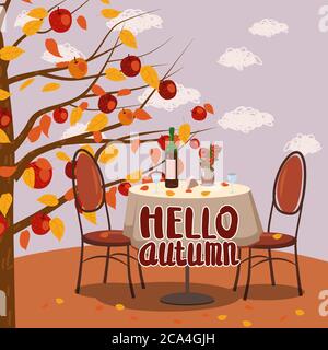 Hallo Herbst Cafe Tisch mit Wein für zwei Personen Herbst Zweige der fallenden Blätter Laub, Stühle Blumen in Park romantische Stimmung. Isoliert Stock Vektor