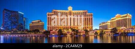 Panorama des Bellagio Hotels und Casinos am Strip in Las Vegas, Nevada. Stockfoto