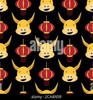 Vector Kawaii Chinesisches neues Jahr der Ochse nahtlose Muster Hintergrund. Niedliches goldenes Sternzeichen Tier mit roten Laternen auf schwarzem Hintergrund. Symbol von 2021 ein Stock Vektor