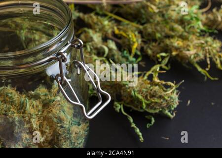 Indoor-Anbau von Cannabis. Marihuana Knospen im Glas. Unkrauternte, medizinischer Drogenkonsum Stockfoto