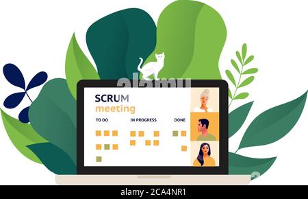 Stand-up-Meeting während der covid-2019 Quarantänevektordarstellung. Stock Vektor