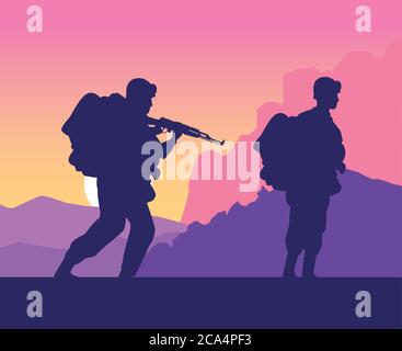 Soldaten Figuren Silhouetten bei Sonnenuntergang Szene Vektor Illustration Design Stock Vektor