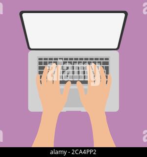 Oben Ansicht der Person, die auf Laptop-Computer-Vektor-Illustration Stock Vektor