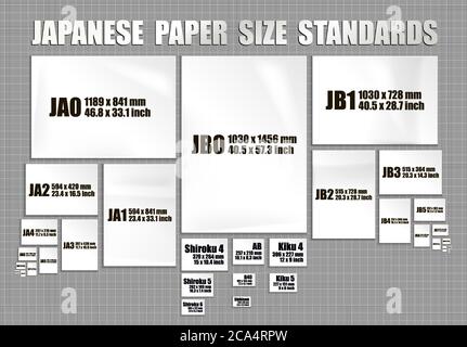 Kompletter Satz japanischer Papierblätter Standards der Serie JIS A, JIS B, Format Shiroku, Kiku Ban. Realistische weiße Seiten in verschiedenen Größen Stock Vektor