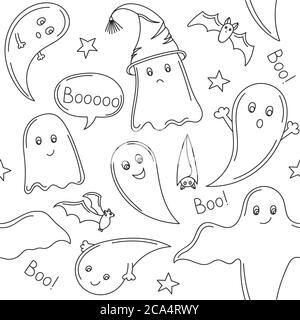 Nahtloses Muster mit handgezeichneten halloween Geister, Fledermaus, Vektor. Doodle Stil, Malseite Stock Vektor