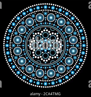 Mandala Aboriginal Dot Painting Ethnic Vector Mandala Design, bho Australian dot Art Muster in weiß und blau auf schwarz Stock Vektor