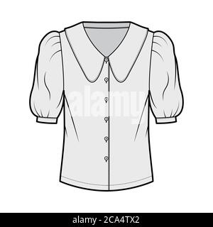 Muschelkragen Shirt technische Mode-Illustration mit Ellbogen Puff Ärmel, Knopf-Verschluss vorne, lockere Silhouette. Flatbluse Bekleidungsvorlage vorne, grau. Damen, Herren Unisex TOP CAD Mockup Stock Vektor