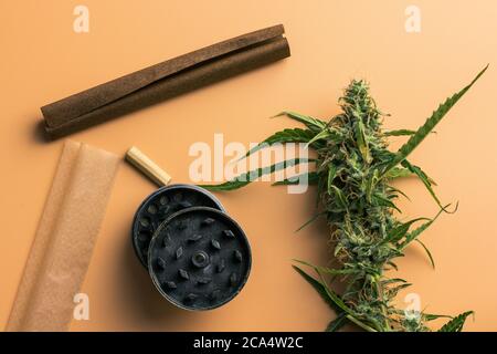 Nahaufnahme von Marihuana-Pflanze und Raucherzubehör. Mahlwerk, stumpfes und gemeinsames Papier Draufsicht flach legen. Cannabisknospen Stockfoto