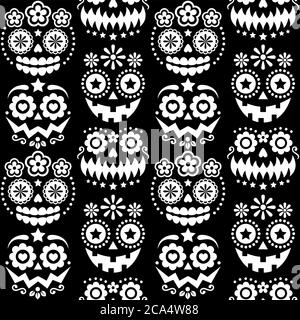 Halloween und Dia de los Muertos Schädel und Kürbis Gesichter Vektor nahtlose Muster - mexikanische Zucker Totenkopf Stil monochrome texile Design Stock Vektor