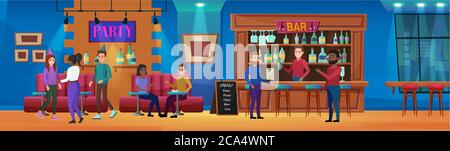 Leute auf Nachtleben Spaß Bar Party Vektor Illustration. Cartoon Wohnung Mann Frau Freund Charaktere reden, sitzen an Tischen, Bestellung von Alkohol Getränke von Barkeeper an der Theke des Nachtclubs Hintergrund Stock Vektor