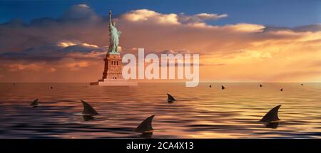 Haie kreisen um die Freiheitsstatue, New York City, New York State, USA Stockfoto