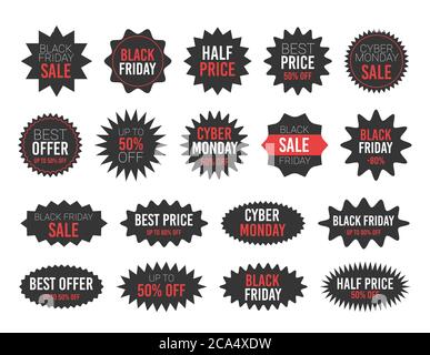 Black friday Verkauf Runde Starburst Aufkleber Set. Stock Vektor