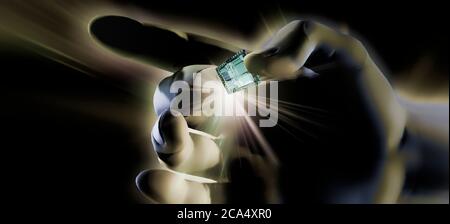 Nahaufnahme der Hand einer Person, die Mikrochip hält Stockfoto