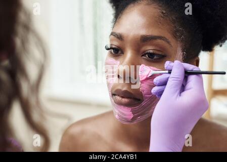 Wellness-Schönheitsbehandlung, Hautpflege. Frau bekommt Gesichtsbehandlung von Kosmetikerin im Spa Salon. Junge Kosmetikerin Anwendung Gesichtsmaske mit Pinsel in Spa. Stockfoto