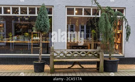 Bank in der Nähe des Restaurants, Restaurant auf der Hauptstraße, Bäume dekorativ Stockfoto