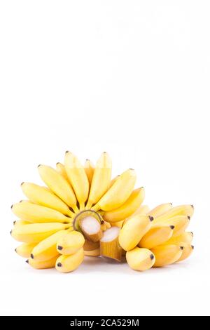 Gelbe Eierbanane und Hand von reifen goldenen Bananen auf weißem Hintergrund gesunde Pisang Mas Banana Obst Essen isoliert Stockfoto