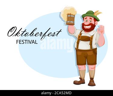 Oktoberfest Grußkarte. Mann in bayerischer Kleidung, lustige Zeichentrickfigur. Münchner Bierfest Oktoberfest. Vektorgrafik Stock Vektor