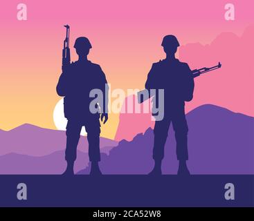 Soldaten Figuren Silhouetten bei Sonnenuntergang Szene Vektor Illustration Design Stock Vektor