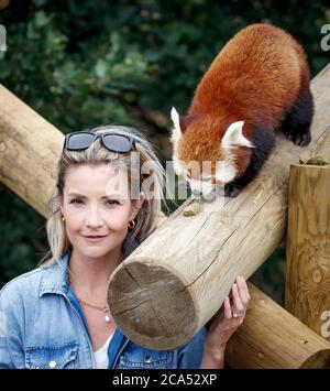 Countryfile Moderatorin Helen Skelton füttert einen roten Panda während eines Besuchs im Yorkshire Wildlife Park in Doncaster, um zwei neue erweiterte Tierreservate zu eröffnen: Erleben Sie Äthiopien und Himalayan Pass, wo Besucher Hyänen, Gelada Affen, Rote Pandas und glatt beschichtete Otter sehen können. Stockfoto