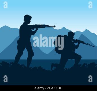 Soldaten Figuren Silhouetten in der Camp Szene Vektor Illustration Design Stock Vektor