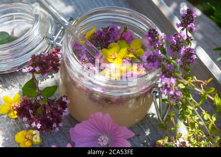 Husten-Oxymel, Hustenoxymel, Oxymel, Honig, Essig, Blüten, Blütenhonig, Blüten-Honig, Wildblumen-Honig, Wildblüten-Honig, Hustenhonig, Husten-Honig. T Stockfoto